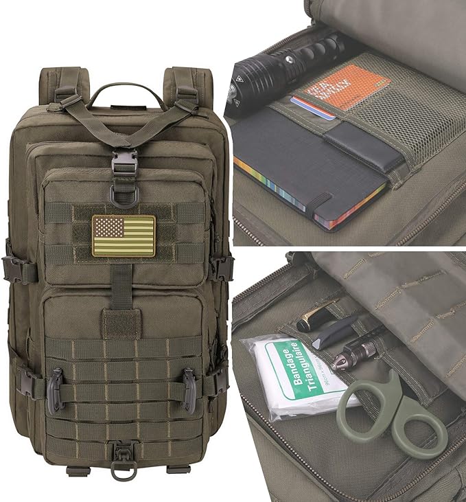 MOLLE Assault Backpack, Tactical Backpack Military Army Camping Rucksack, 3-Day Pack Trip w/USA Flag Patch, D-Rings, Olive