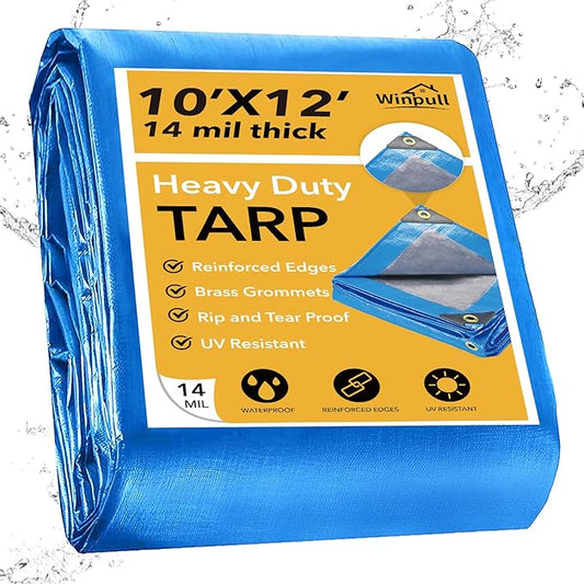 Tarp 10x12 Feet 14 Mil Heavy Duty Waterproof Tarp, Large Multipurpose Cover with Brass Grommets and Reinforced Edges, UV Resistant Thick Poly Tarps for Outdoor Camping Tent Pool Car, Blue