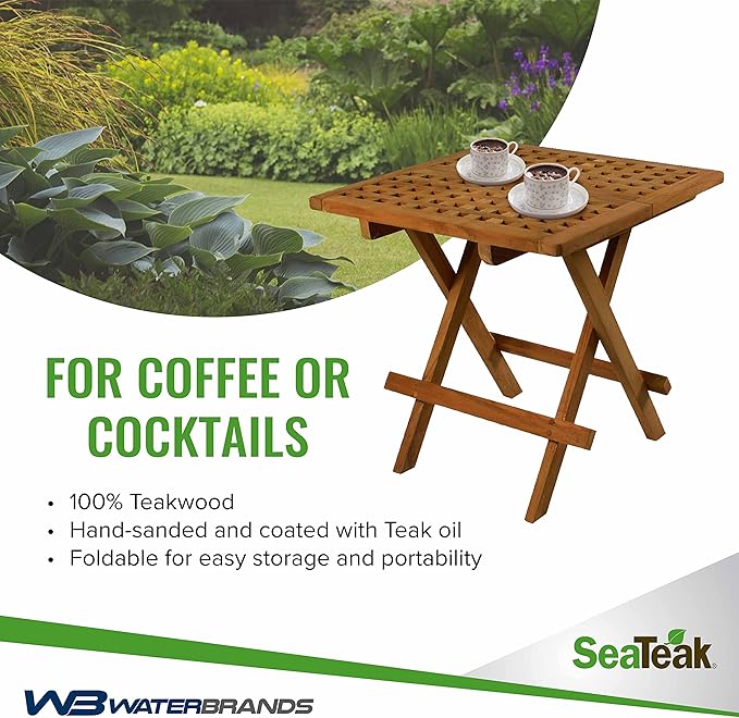 SeaTeak Square-Grate Top Folding Deck Table | Teakwood Folding Table | Small Folding Wood Table| 20" L x 20" W x 20" H