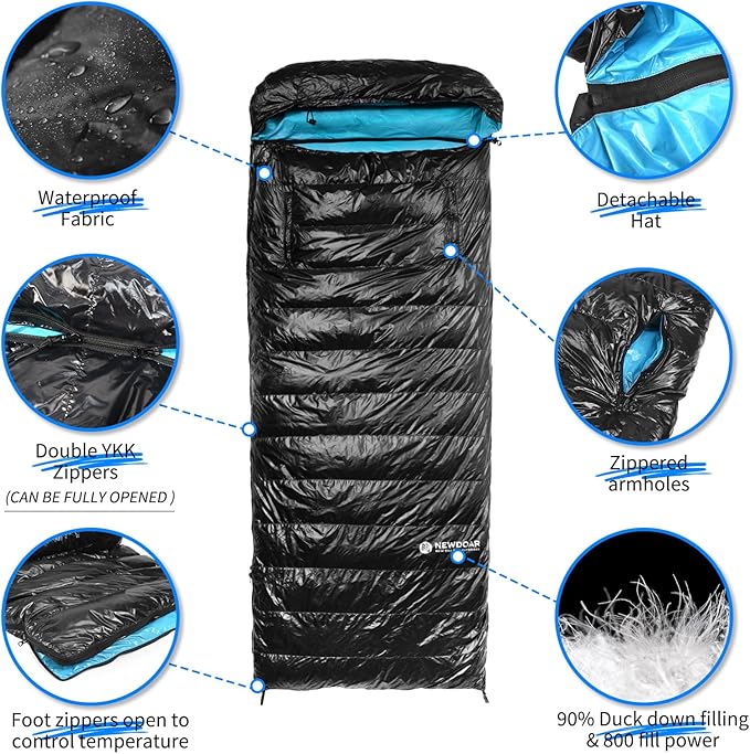 NewDoar Urltra-Light Camping Sleeping Bag 800FP Down Spring Summer Outdoor Autumn Mummy Sleeping Bag for Hiking Tent