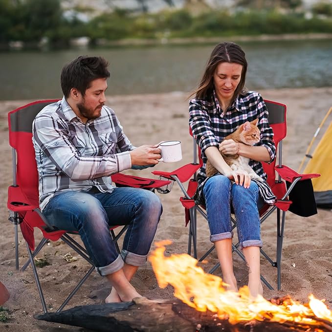 Camping Chairs Lawn Portable Foldable Camp Folding Lightweight Chair for Adults with Drink Holder and Cooler Pouch Outdoor for Camping, Lawn, Sports, Picnic, Beach, Music Festival, Red