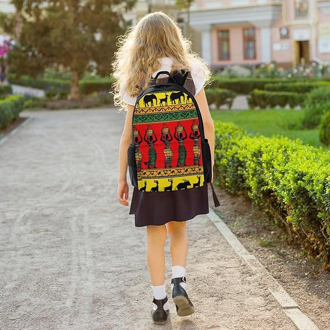 Daypack Backpack Anti-Theft Multipurpose Large Capacity Carry On Bag, Ethnic Tribal African Black Women Deer Elephants Art Traveling Camping Backpack With Side Pockets