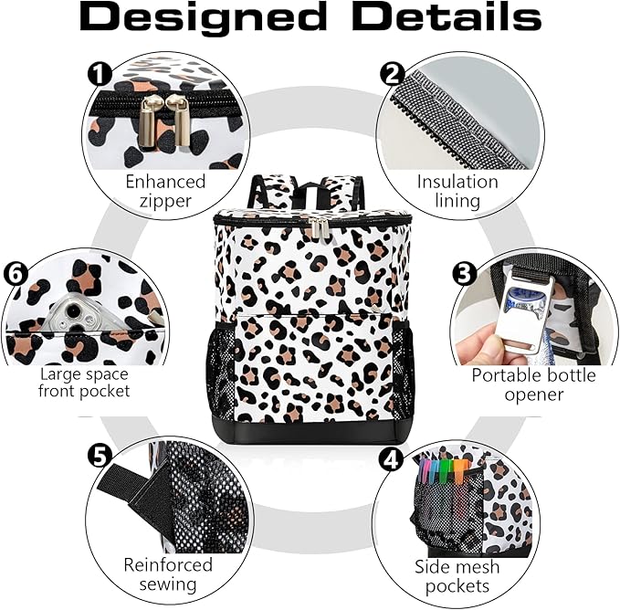Wolka Cooler Backpack 30 Cans,Portable Backpack Coolers Insulated Leak Proof,Waterproof Soft Sided Cooler Bag for Travel,Beach,Camping,Picnic,Lunch Backpack for Women (Snow Leopard)