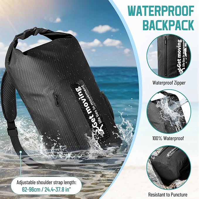 BKNOOU Dry Bag Waterproof for Women Men, 10L/20L Roll Top Lightweight Dry Storage Bag Backpack for Travel, Kayaking, Boating, Rafting, Camping, Hiking and Beach, with Phone Case (Black, 20L)