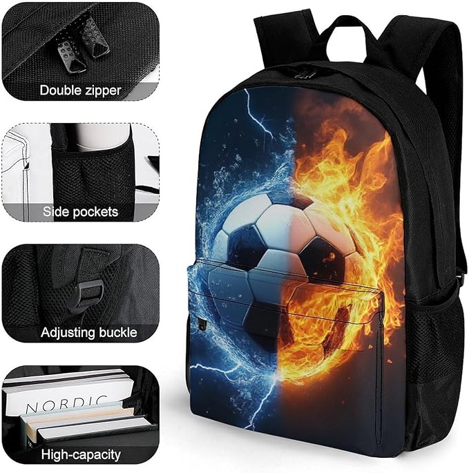 Polyester Daypack Backpack for Trekking Picnic Walking Cycling, Large Capacity Anti-Theft Multipurpose Shoulder Bag, Water And Fire Soccer Ball Casual Daypack