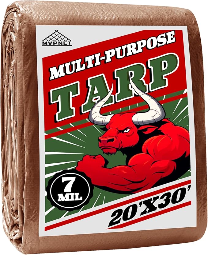 Tarp 20x30 ft 100% Waterproof 7mil Durable Grommets and Reinforced Edges,Uv Resistant,Green/Brown Tarp,Emergency Rain Shelter,Outdoor Cover and Camping Use -by MVPNET