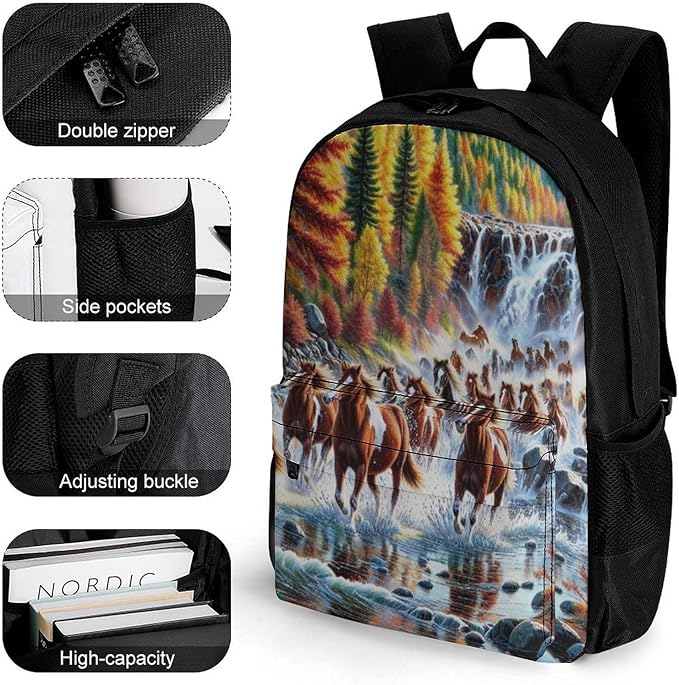 Supdreamc Rucksack Polyester Anti-Theft Multipurpose Beautiful Horses Running In River Waters Carry On Bag Large Capacity Travel and Sport Backpack Rucksack With Smooth Zippers