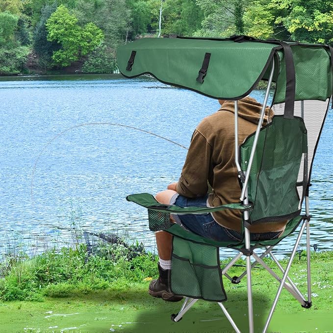 Portable Camping Chair with Canopy Shade- Folding Camping Lounge Chair with Cup Holder & Side Pocket for Outdoor Camping, Fishing, Beach - Support 330 LBS (Green)