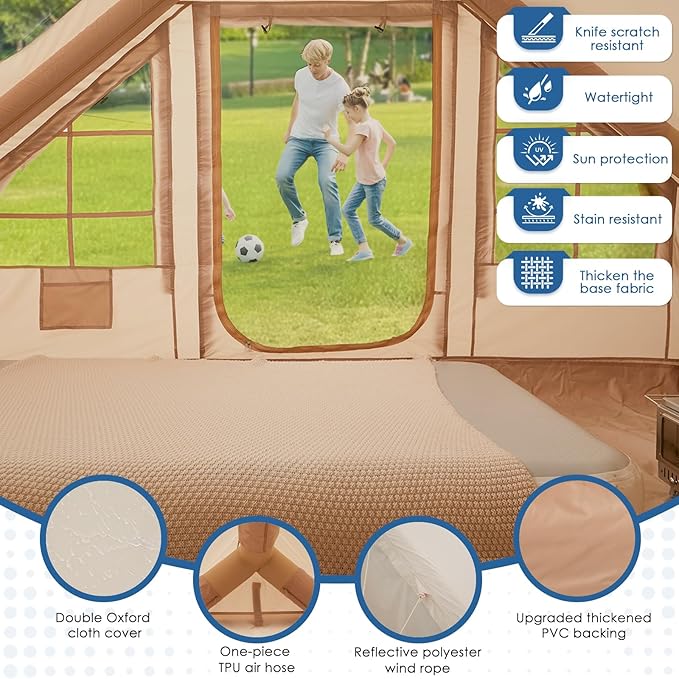 Inflatable Camping Tent Tarps for 4-6 Person, with Electric Air Pump, Extended Canopy, 4 Season Waterproof Windproof, Clear Skylight & 420D Oxford Waterproof, Air Tent with Mesh Windows/Doors