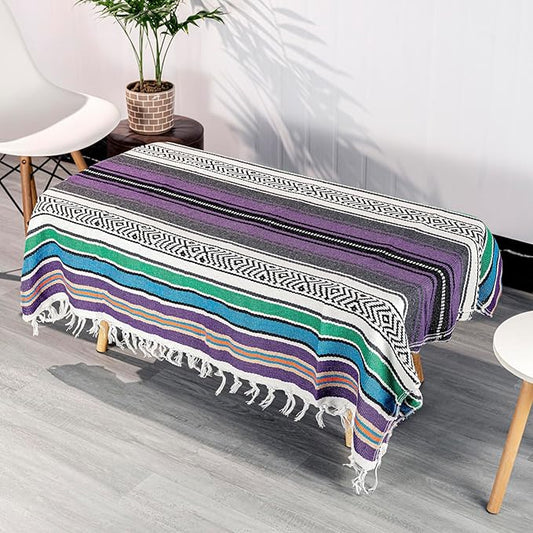 Airooglee 69" L x 51" W Large Mexican Blanket - Perfect as Yoga Blanket, Outdoor Blanket, Beach Blanket, Serape Blanket, Picnic Blanket, Camping Blanket, Woven Blanket, Boho Home Décor - Purple-Blue