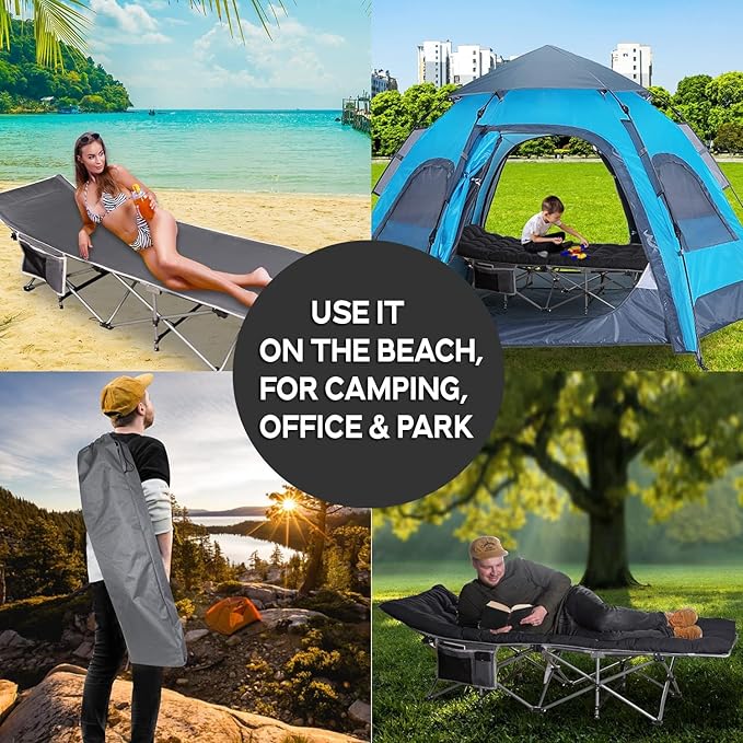 ZONETECH Folding Outdoor Camping Travel Cot and Cot Pad - Premium Quality Lightweight Portable Heavy Duty Adult & Kids w/Large Pocket and Cushion (Gray & Black, 1-Pack)