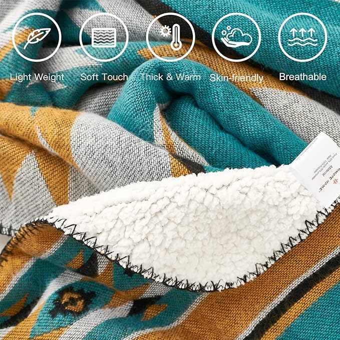 Aztec Patterned Throw Blanket with Soft Sherpa Lining 104”x90”, Traditional Southwestern Navajo Tribal Style Warm Throw for Home Decor, Light Weight Cozy Boho Blanket for Bed, Couch, Sofa, Teal