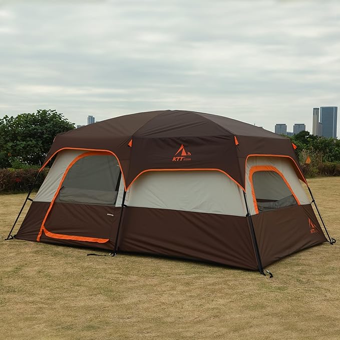 KTT Extra Large Tent 6-10-12-14 Person(Style-B),Family Cabin Tents,2 Rooms,3 Doors and 3 Windows with Mesh,Straight Wall,Waterproof,Double Layer,Big Tent for Outdoor,Picnic,Camping,Family Gathering