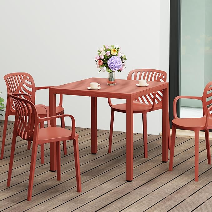 Costaelm Outdoor Dining Table for 4, Square Metal Patio Table, 4-Person Weather Resistant Steel Slat Table for Lawn Garden Backyard, Red