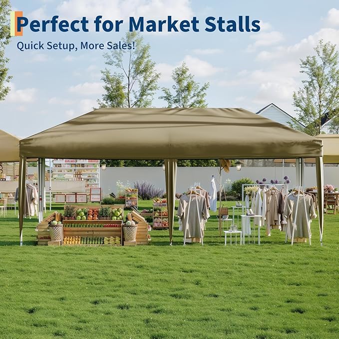 10x20 Pop Up Canopy Tent Outdoor Canopy with No Removable Sidewall One-Person Set Up Heavy Duty Commercial Instant Tent Shelter-Brown