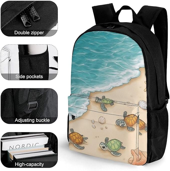 Polyester Daypack Bookbag for Gym Business Bicycle, Large Capacity Multipurpose Anti-Theft Carry On Bag, Beach Turtles Travel Hiking Daypack