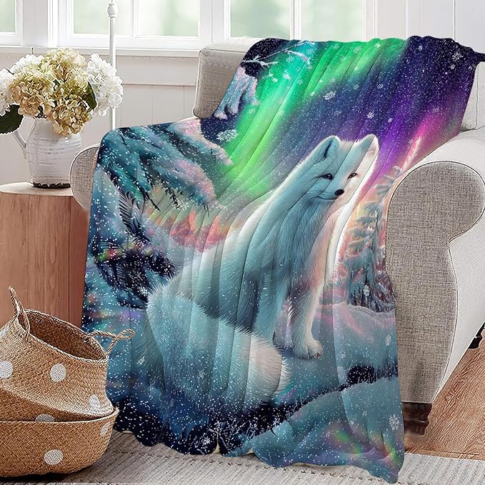 White Fox Blanket Winter Aurora Night Animal Throw Blankets Gifts for Girls Boys Kids Fox Lover Soft Cozy Fleece Plush for Couch Sofa Bed 80"x60"