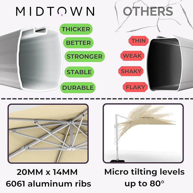 Midtown Umbrellas 10 Ft Outdoor Cantilever Patio Umbrella w/Sunbrella Heather Tan Fabric - 360° Rotate Offset Patio Umbrella, Deck Patio Umbrella, Backyard Umbrella & Garden Umbrella - Silver Frame