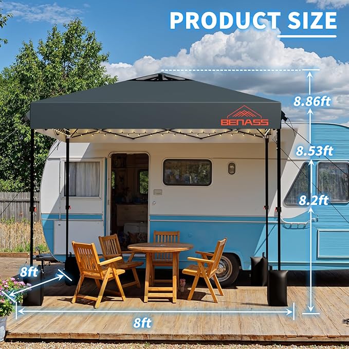 8x8 Pop Up Canopy, Easy Up Canopy Tent, Heavy Duty Tents for Parties, One Person Set Up Event Tent, Grey