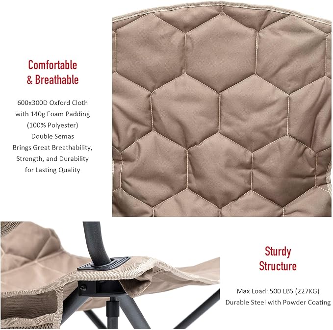 SUNNYFEEL XXL Oversized Camping Chair Heavy Duty 500 LBS for Big Tall People Above 6'4 Padded Portable Folding Sports Lawn Chairs with Armrest Cup Holder & Pocket for Outdoor/Travel/Picnic/Camp