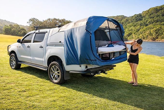 Truck Bed Tent for Caps– Fits Ford F-150, Chevy Silverado, Toyota Tundra, Tacoma (2005+), Tailgate ≥ 58" – Converts Truck with Cap into Camping Tent
