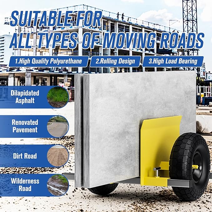 Yellow Heavy Duty Panel Dolly, Adjustable Width Door Dollys with Wheels, 9.3" Solid Rubber Tires and 2 Spare Pole, All-Terrain Movement for Heavy Drywall Sheet & Door Material, 1000LBS