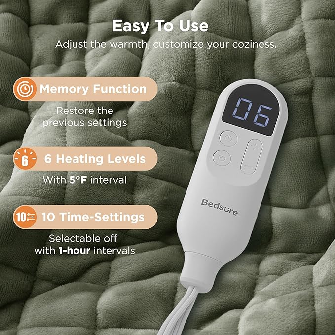 Bedsure Electric Blanket Twin - Quilted Heated Blanket Twin Size, Soft Flannel Thick Heating Blanket with 10 Time Settings & 6 Heat Settings, Warm Gifts for Women Men (62x84 inches, Olive Green)