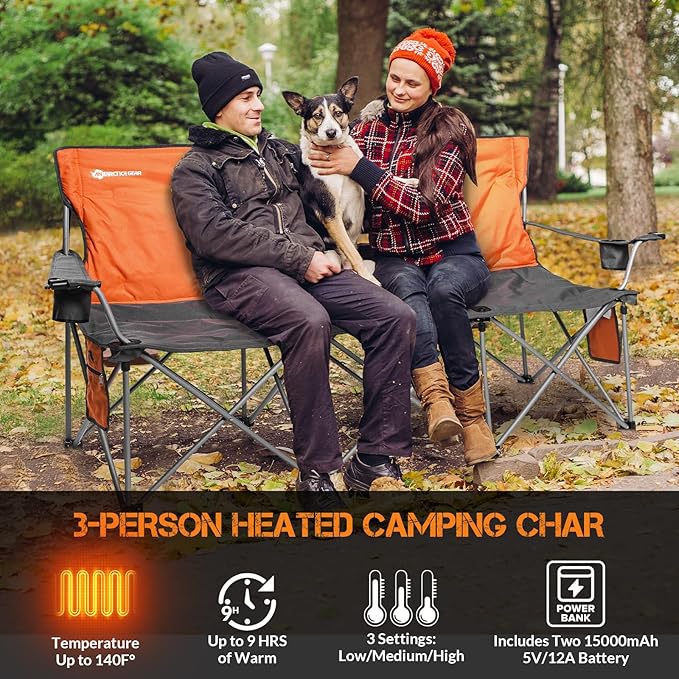 ANTARCTICA GEAR Heated 3-Person Camping Chair with 12V 15000mAh Battery Pack - Heavy-Duty XL Folding Bench for Outdoor, Campsites, Tailgating - Portable Heated Seating with Adjustable Warmth