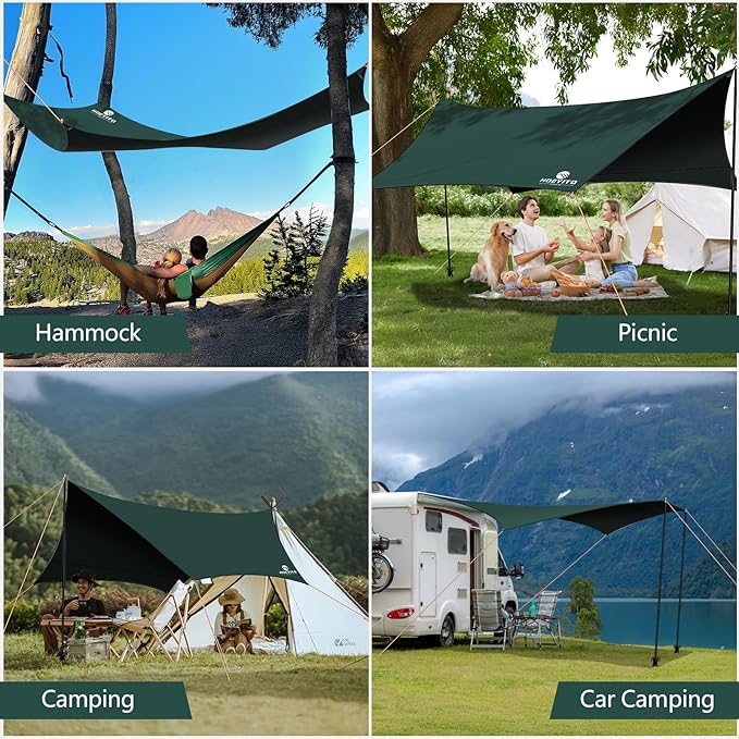 Camping Tarp with Poles & Retainer,15x12.5FT Large Waterproof 210D Oxford Cloth Camping Canopy, Anti-UV UPF100+ Tent Tarp for Outdoor, Picnic, Car, Hammock, Backpacking (Green-Black)