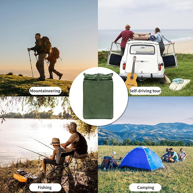 Double Camping Sleeping Pad with Pillow, 2" Memory Foam Camping Mattress 2 Person, 5R Insulated Self Inflating Camping Pad, Air Mattress Inflatable Sleeping Mat for Tent, Backpacking, Hiking (Green)