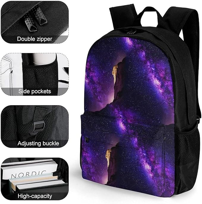 Lightweight Rucksack for Sports Travel Running, Big Capacity Multipurpose Anti-Theft Bookbag, Purple Space Galaxy Shimmering Travel and Sport Backpack Rucksack