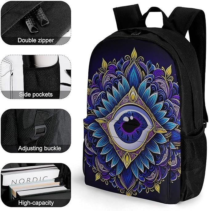 Men Women Lightweight Abstract Symbol Of All Seeing Eye Boho Indian Ethnic Style Backpack Large Capacity Carry On Bag With Padded Straps for Sports Work Walking Cycling