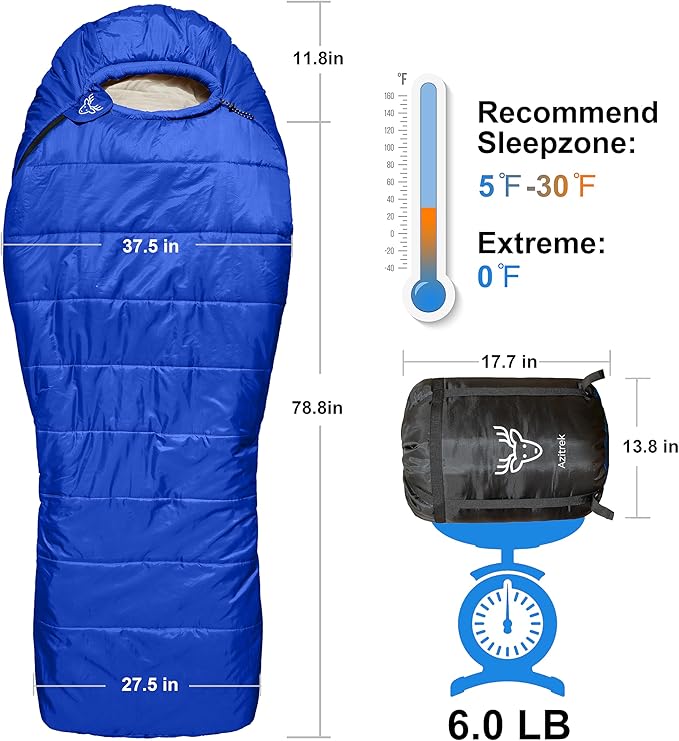 0 Degree Camping Sleeping Bags Mummy for Adults Youth | XXL Big and Tall 3-4 Season Warm and Cool Winter Cold Weather Sleeping Bag w. Compression Sack | Side Sleeper Friendly