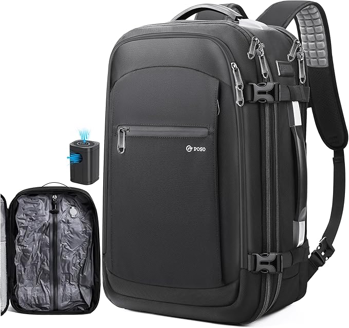 POSO Vacuum Backpack Travel, 60L Expandable Vacuum Seal Backpack with Pump, fit 17'' Laptop Backpack, TSA Lock Carry-On Airback Travel Backpack with Detachable Compression Airbag- Black