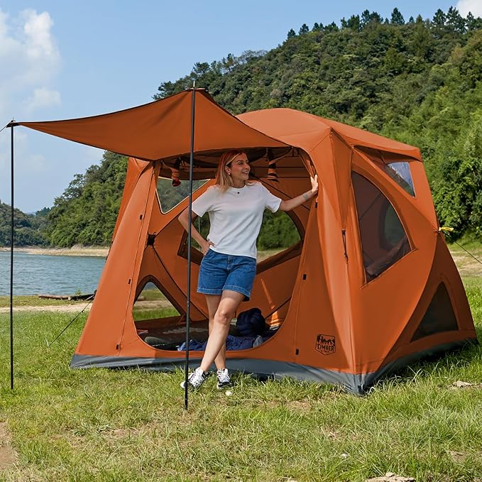 TIMBER RIDGE Instant Pop Up Hub Tent, 4 Person Portable Weather Resistant Camping Tent, 60 Second Set-Up, Easy Up Tents with Rain Fly and Carry Bag, Orange