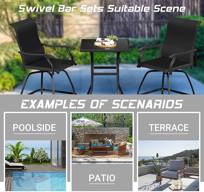 LEVELEVE Patio Bar Set 2pcs Swivel Bar Stools Outdoor Bistro Textilene Furniture Stability All-Weather Set (3, Black Padded)