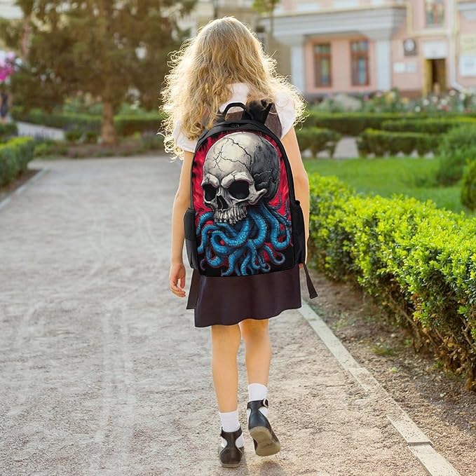 Polyester Daypack Backpack for Climbing Outdoors Running, Big Capacity Multipurpose Anti-Theft Bookbag, Abstract Skull Octopus Tentacles Travel Hiking Camping Rucksack