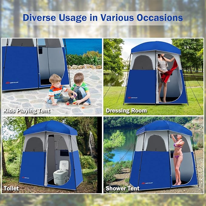 Goplus 2 Room Shower Tent, Portable Camping Changing With Floor Drain, Detachable Rain Fly, Stakes & Ropes, UV Protection, Water Resistant Privacy for Outdoor Toilet, Dressing (Blue)