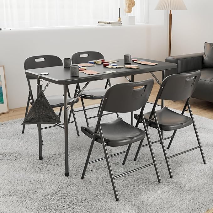 VECELO Folding Table 4 Foot with Mesh Bag, Indoor Outdoor Heavy-Duty Portable w/Handle,Fold-in-Half for Picnic, Party, Camping, Matte Black