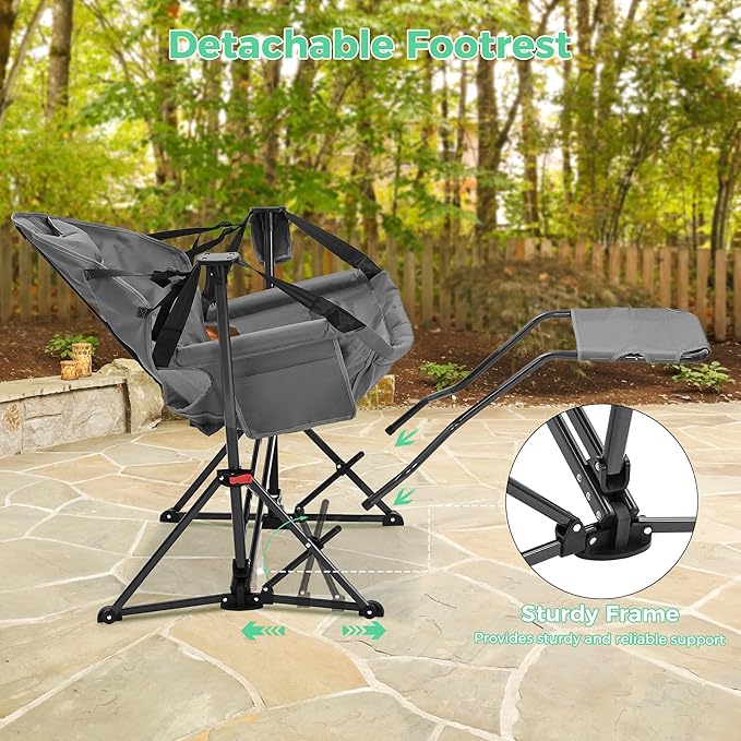 Ainfox Hammock Camping Chair with Footrest, Foldable Portable Rocking Chairs for Adults Outside Swinging Camp with Cup Holder Pillow for Outdoor Patio Poolside (Grey)