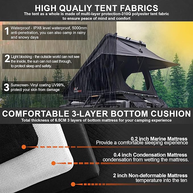 Naturnest Hardshell Rooftop Tent with 2 Luggage Racks, Car Roof Top Tent with AC Inlets, 3-Color LED Lights and Internal USB Plug for Vans, Jeeps, SUVs and Trucks, 2-3 Person