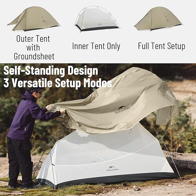 Naturehike Cloud up Pro Camping Tent, 1/2/3 Person Ultralight Tents, 3 Season Backpacking Tent, Waterproof for One Man, Self-Standing Easy Setup for Cycling, Outdoor Camp