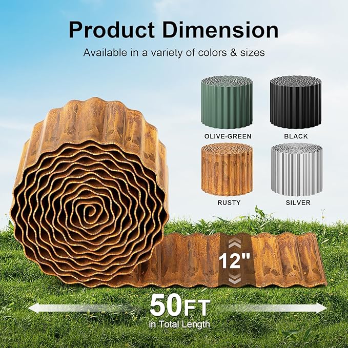 Land Guard Corrugated Garden Edging Border, 12" x 50' Landscape Paver Edging, Tall Landscape Edging, Fence for Garden, Flower Bed, Lawn and Landscape Edging (Rusty)