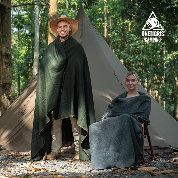 ONETIGRIS Wool Blanket, Camping Wool Blanket–Large, Cozy, Washable,Great for Camping,Outdoors,Car,Sporting Events, Bushcraft Survival Kits 64in x 87in