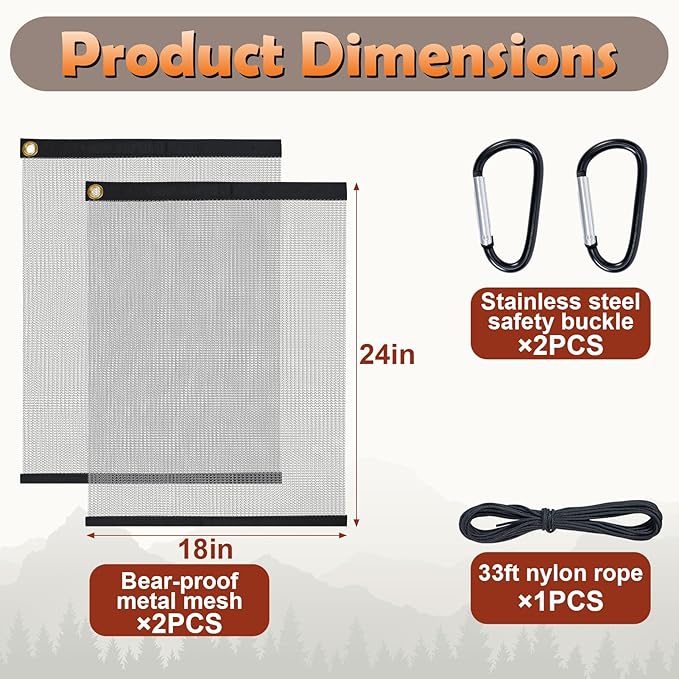 2 Pack Ultralight Rodent Proof Bear Bags, Wire Mesh Hanging Food Storage Bags for Camping and Backpacking, Critter Protection Kit with Nylon Rope and Carabiners