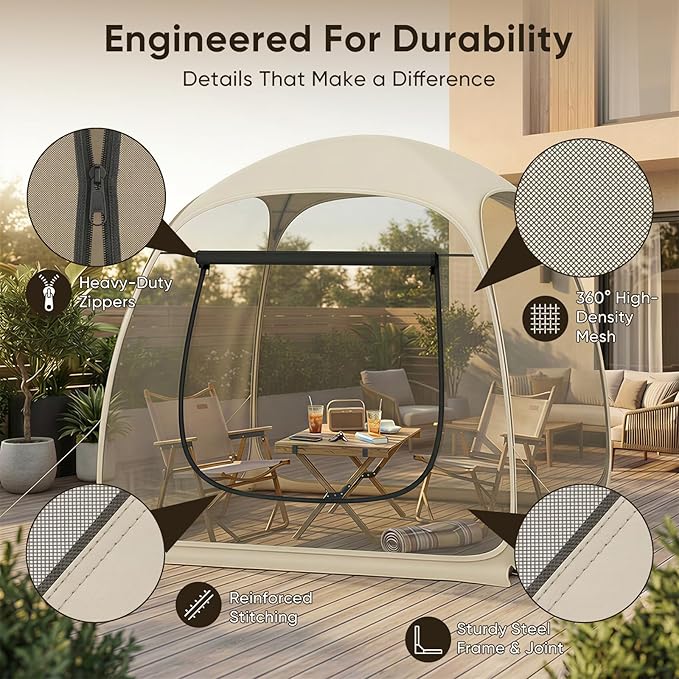 TABU Pop Up Screen House Tent, 6x6 FT Screen Room Canopy with Mosquito Mesh, Instant UV Resistant Shelter with Carry Bag, for 2-4 Person, Beige