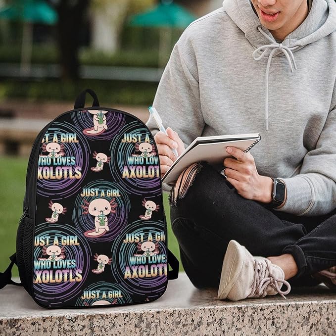 Multipurpose Business Travel Rucksack Cute Animals Pink Axolotls Prints Funny Black College Bookbag with Large Capacity Backpack for College Men Women