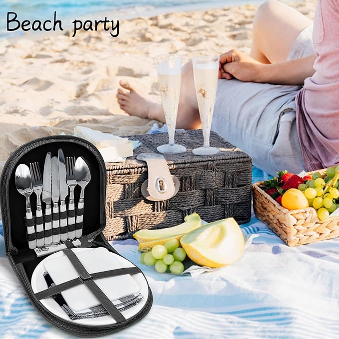 Portable Camping Silverware Utensil Set, 13 Pcs Picnic Mess Kit for 2 Person-Stainless Steel Serrated Knife Spoon Fork Wine Opener Plate Cutting Board Napkin, Camp BBQ Travel Set