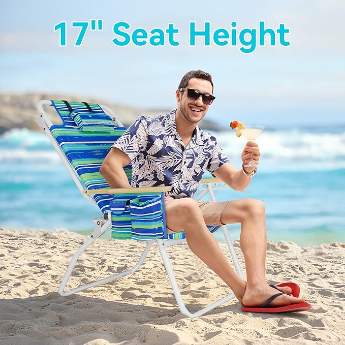 Tall Beach Chairs for Adults, 17" High Backpack Beach Chair with Wooden Armrests, 5 Positions Reclining Heavy Duty Chair with Large Cooler Pouch, Support to 350LBS Striped Blue&Green,1pack