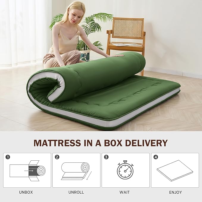 Japanese Floor Futon Mattress Full Size, 4" Thicken Foldable Mattress Tatami Mat Sleeping Pad, 32D Foam Filled Traditional Shiki Futon (shikibuton), Designed in Japan (Green 54"x 80")